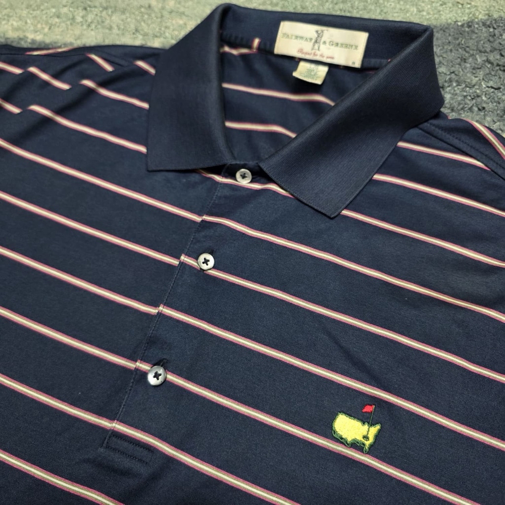 Masters Logo Golf Polo Shirt Fairway & Greene Men’s L Navy Stripe Embroidered - Picture 1 of 8